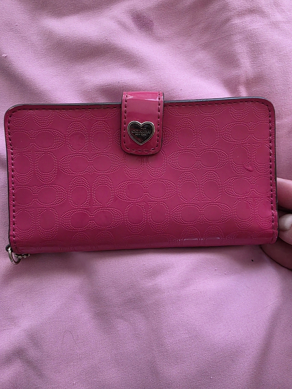 Coach Pink Signature Embossed Wallet with Heart Charm - Picture 6 of 8
